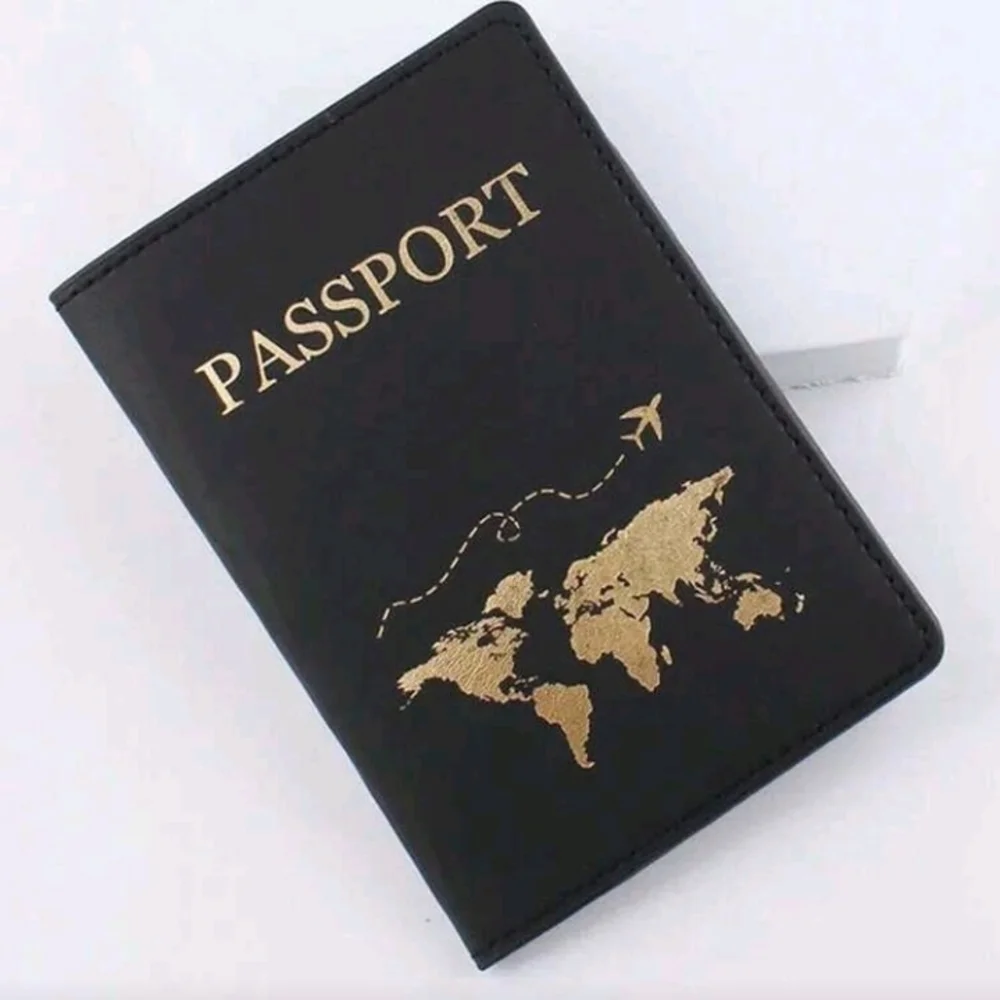Black Passport Holder Faux Leather Cover with Gold World Map